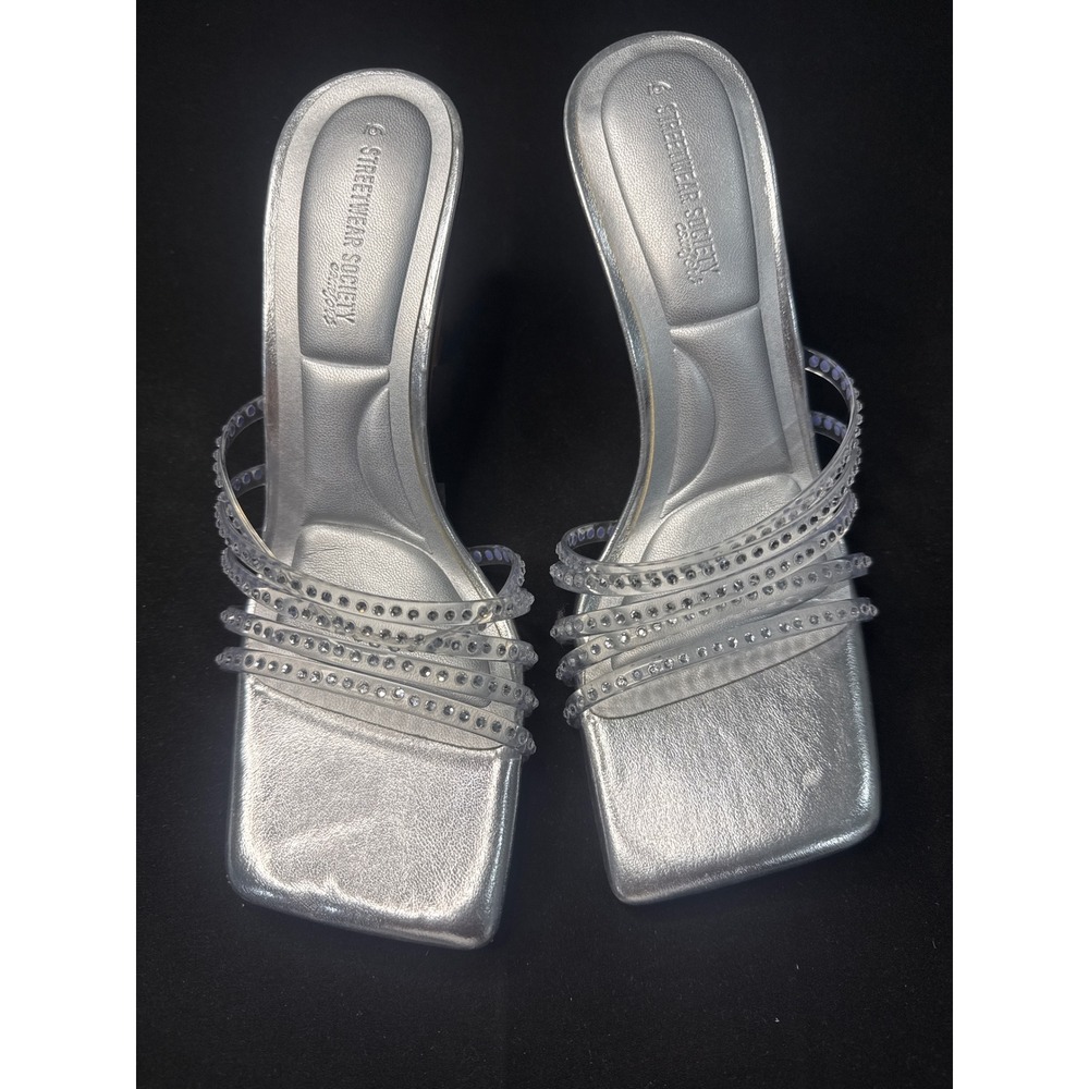 Streetwear Society Womens Silver Metallic Rhinestone Square Toe Stiletto Heels 6